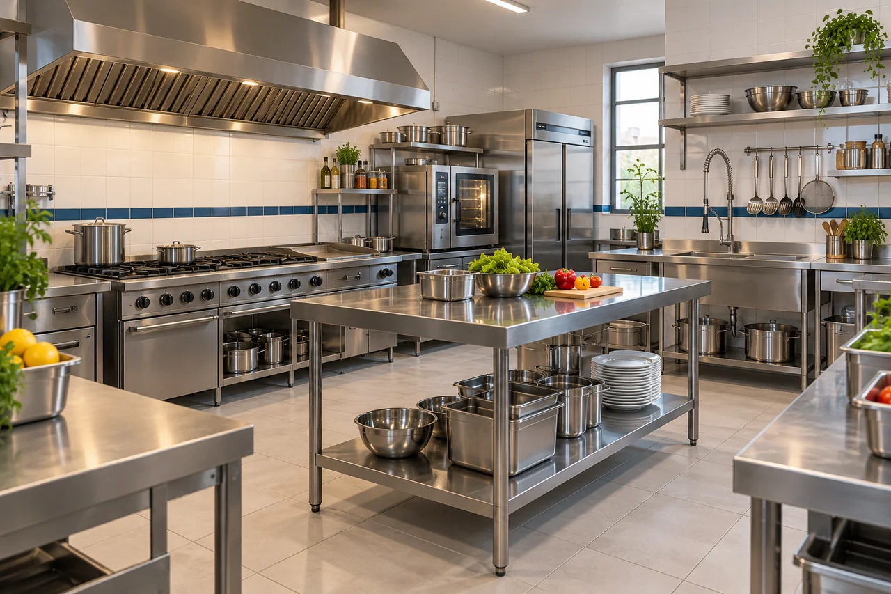 Ambiente ilustrativo de uma cozinha industrial com equipamentos em aço inox.
