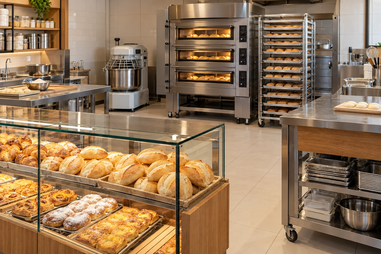 Ambiente ilustrativo de uma padaria com forno, bancadas e vitrine de pães.
