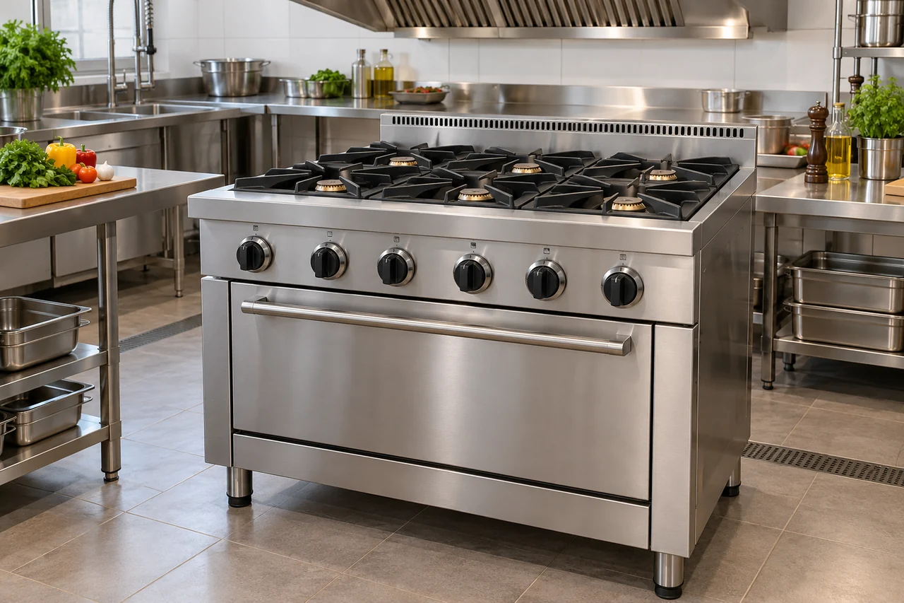 Fogão industrial de seis bocas com forno em uma cozinha de aço inox.