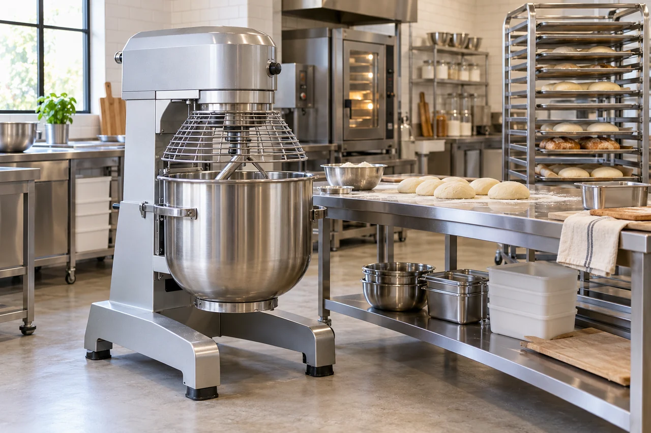 Batedeira industrial, bancada de preparo e assadeiras em uma cozinha profissional.