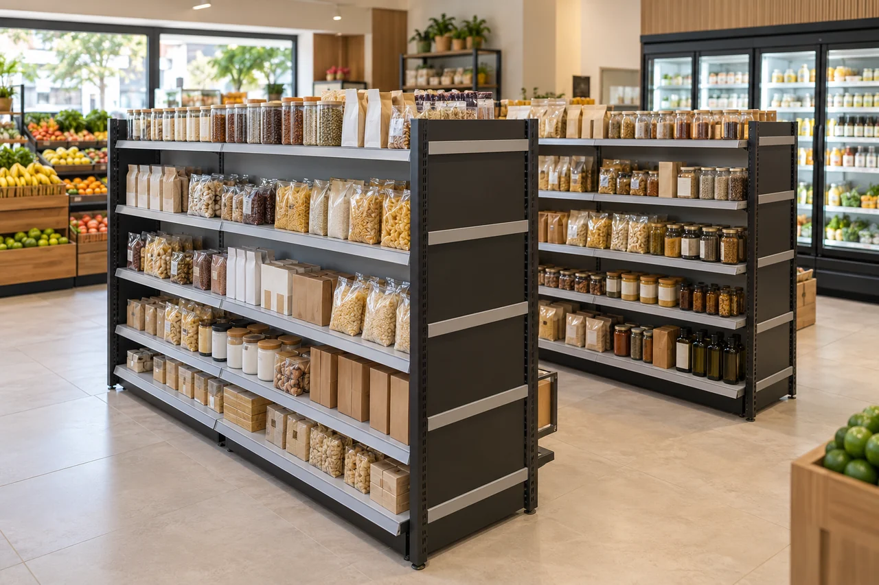 Gôndolas de mercado organizadas com alimentos embalados e produtos secos.