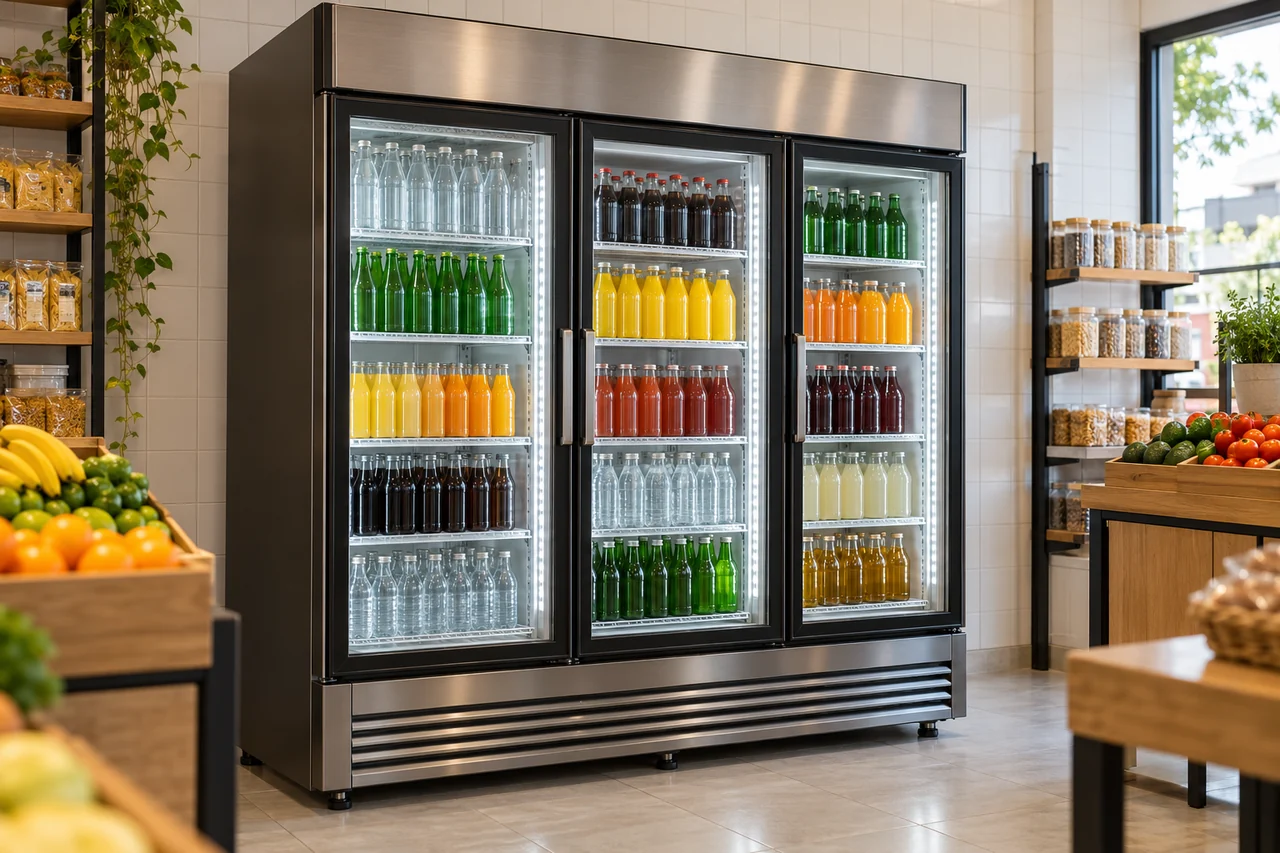 Expositor refrigerado vertical com três portas de vidro e bebidas organizadas.