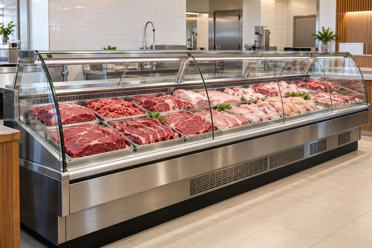 Balcão refrigerado de açougue com vitrine de vidro e cortes de carnes expostos.