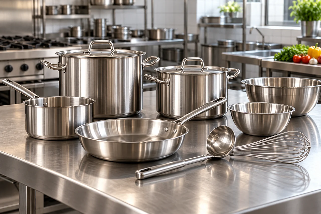 Panelas, frigideiras, tigelas e utensílios de preparo sobre bancada de aço inox.