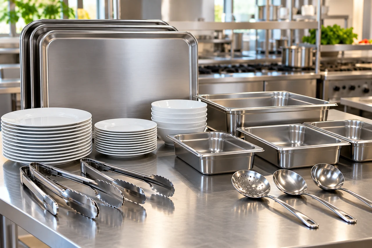 Bandejas, cubas de aço inox, pratos, talheres e pegadores para serviço de alimentos.